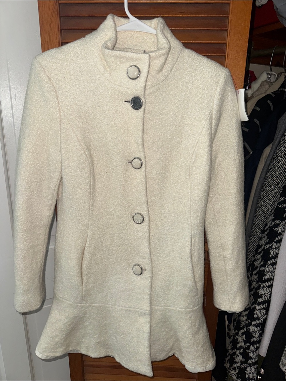 Kensie Cream Wool-Blend Pea Coat with Stand Collar